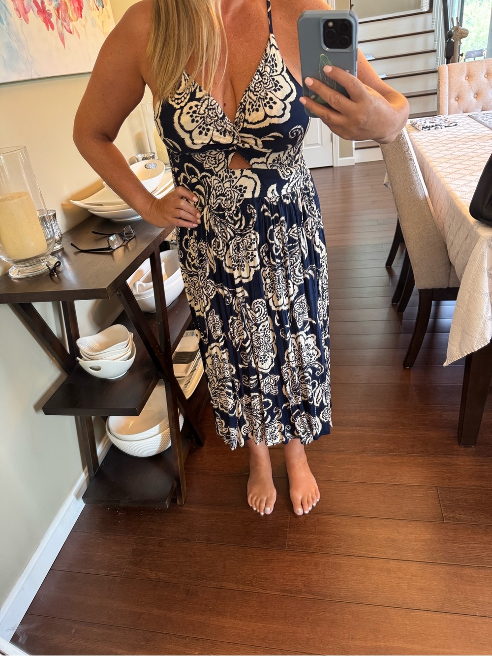 Angie blue and cream maxi dress smocked back